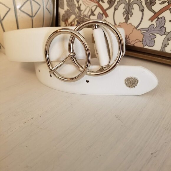 Women's XL Wide Vegan Leather White Belt, Faux, Silver tone Double Circle Buckle - Picture 2 of 9